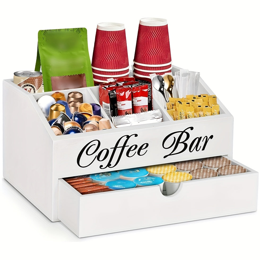 Organizador de barra de café de madera con cajón para tazas, cápsulas y accesorios, almacenamiento de cocina