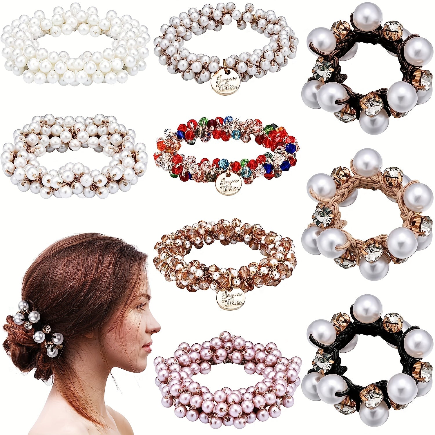 Set of 9 Crystal Beaded Elastic Hair Ties for Ponytails Boho Style Hair Accessories