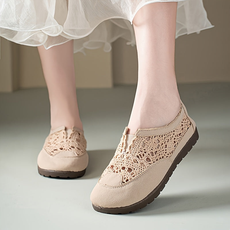 Women's Summer Breathable Lace-Trim Shoes Flat Casual Light Beige