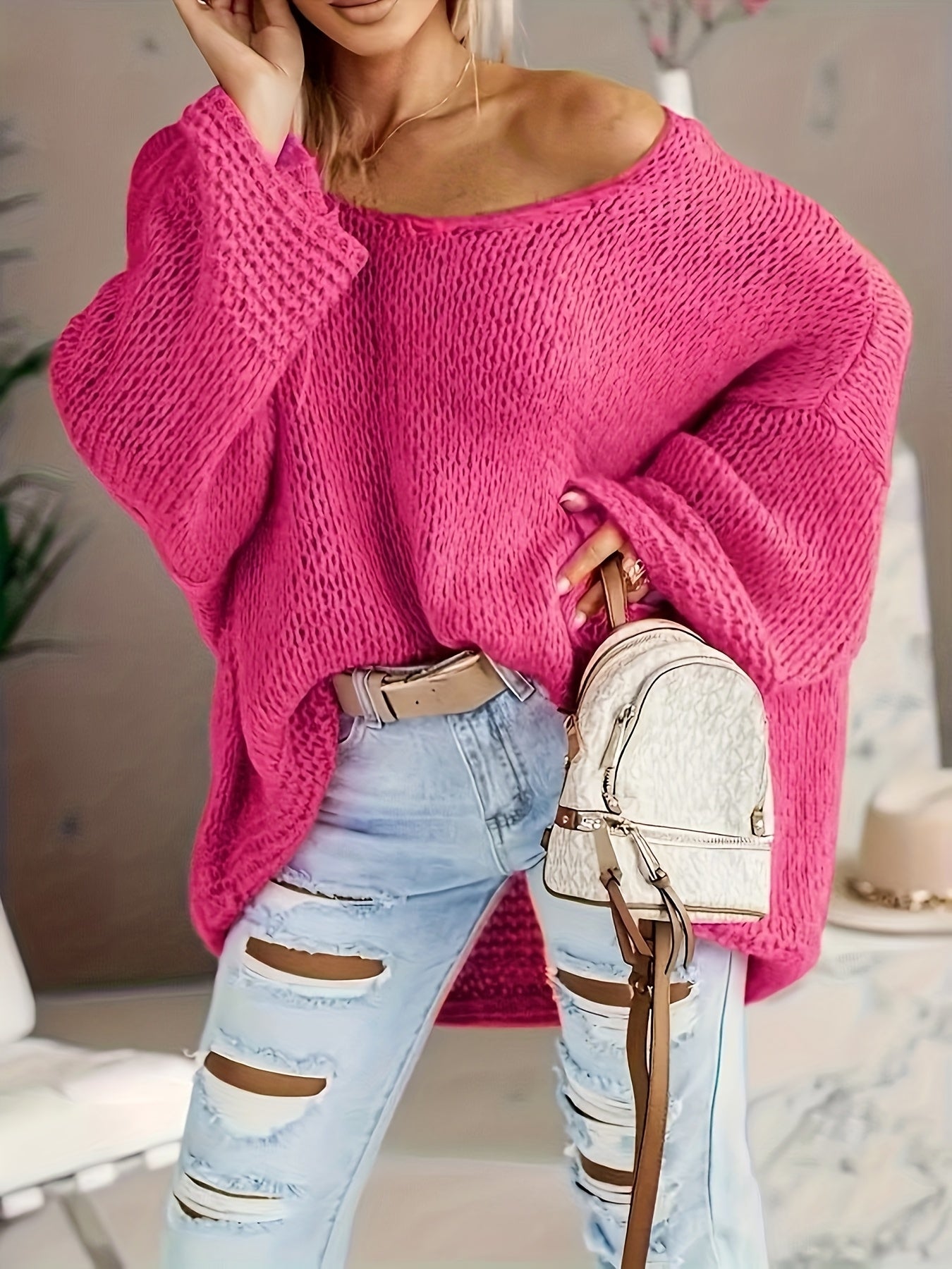Plus Size Women's V-Neck Off-Shoulder Sweater Textured Pullover for Fall Winter