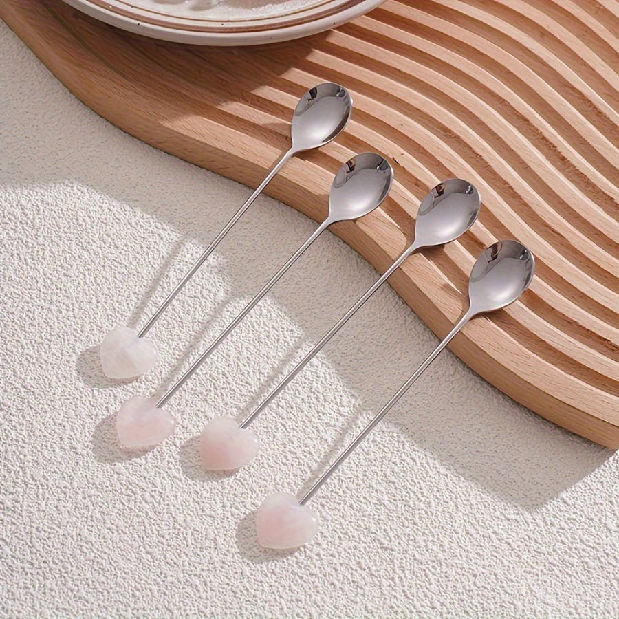 Stainless Steel Spoons with Heart-Shaped Gemstones for Coffee Tea Desserts