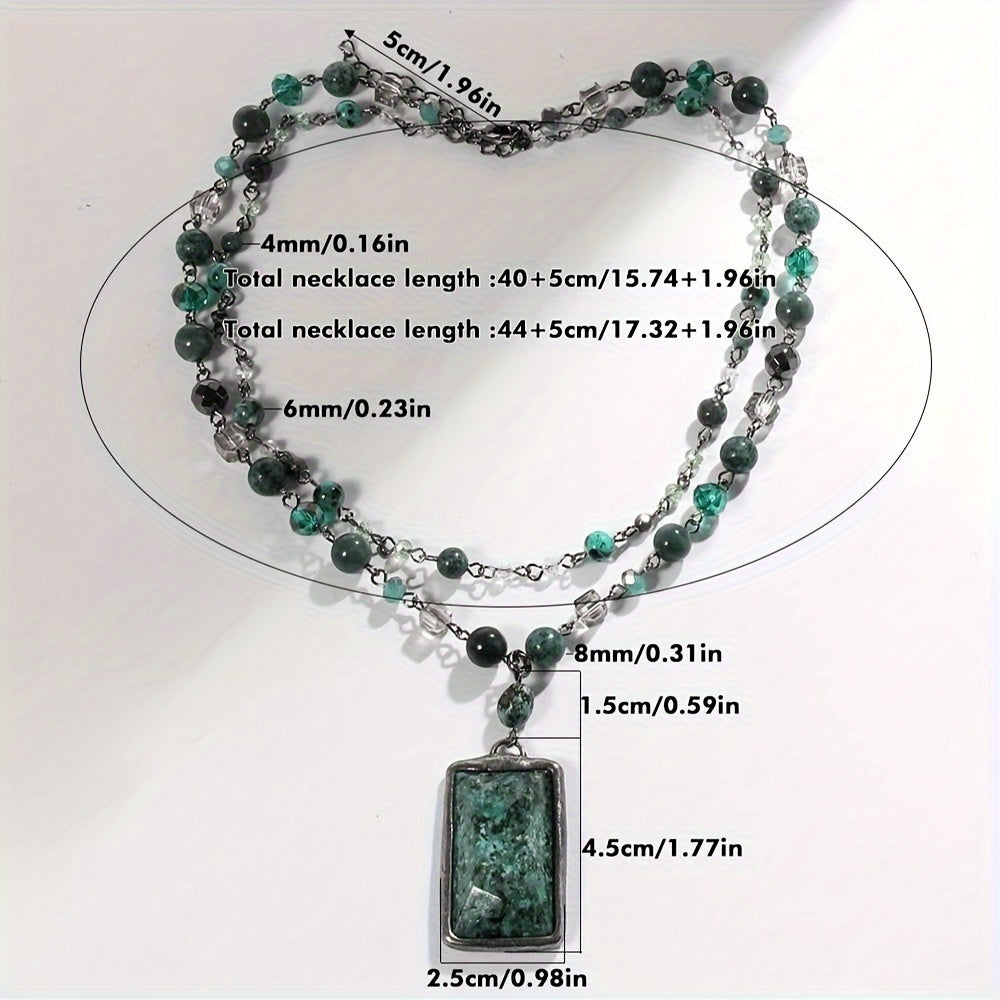 Layered Stone Necklace for Women Boho 2-Tier Natural Gemstones Glass Beads Black Chain