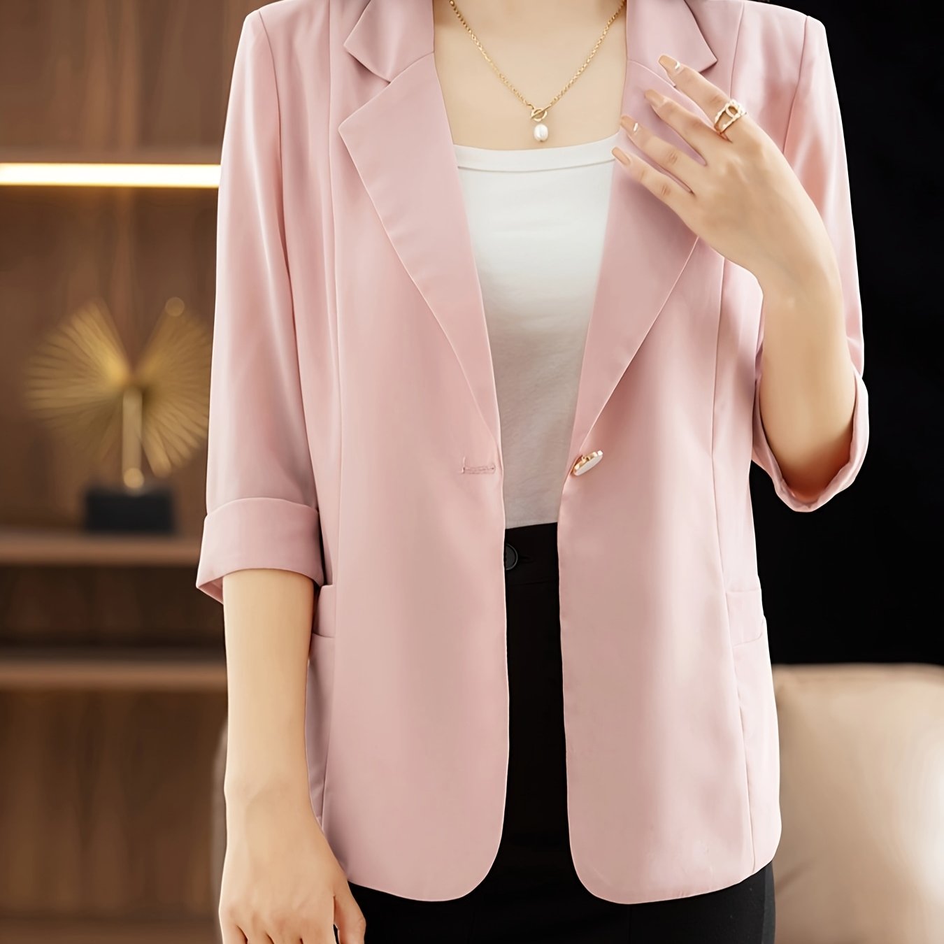 Women's Chiffon Blazer Lightweight Sheer 3/4 Sleeve Single Button Solid