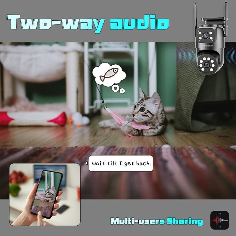 Cámara de seguridad WiFi de doble lente 720P HD Visión nocturna Detección de movimiento Audio bidireccional para exteriores