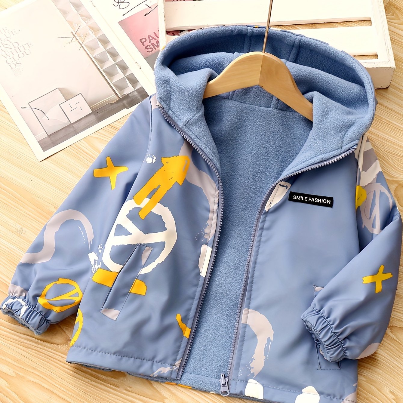 Boys Reversible Fleece-Lined Jacket with Pockets Crew Neck Casual All Seasons