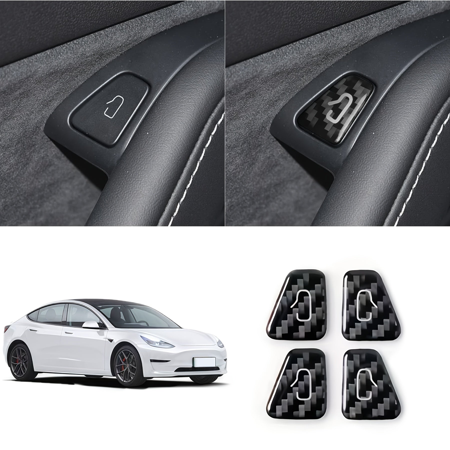 4PCS Carbon Fiber Door Lock Switch Cover Trim for Tesla Model 3 Y Interior