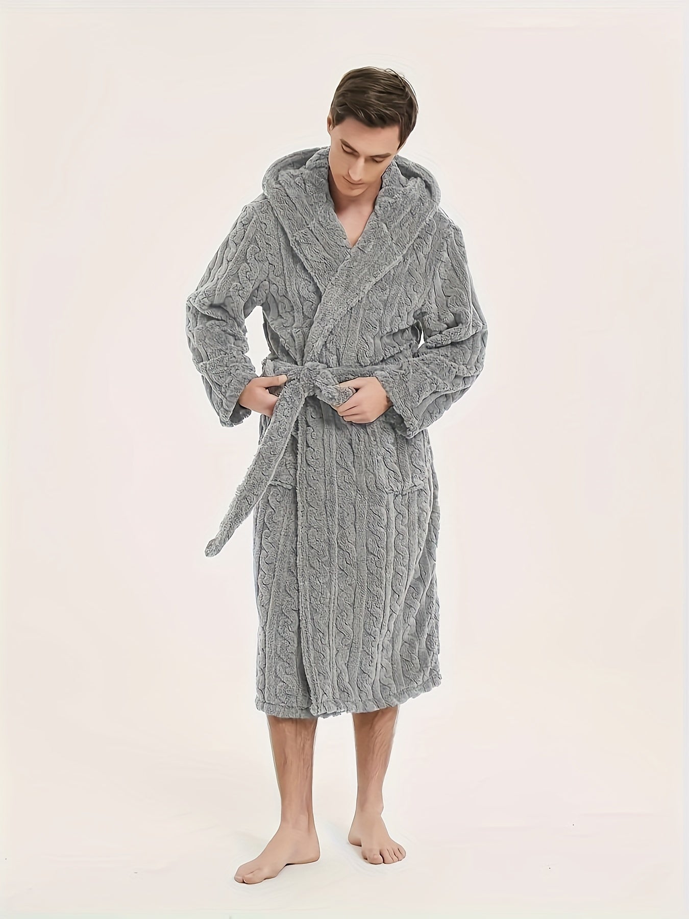 Men's Fleece Hooded Robe with Belt for Home and Hotel Use Fall Winter Casual