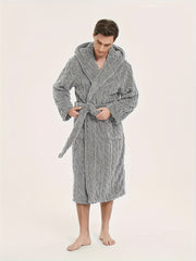 Men's Fleece Hooded Robe with Belt for Home and Hotel Use Fall Winter Casual