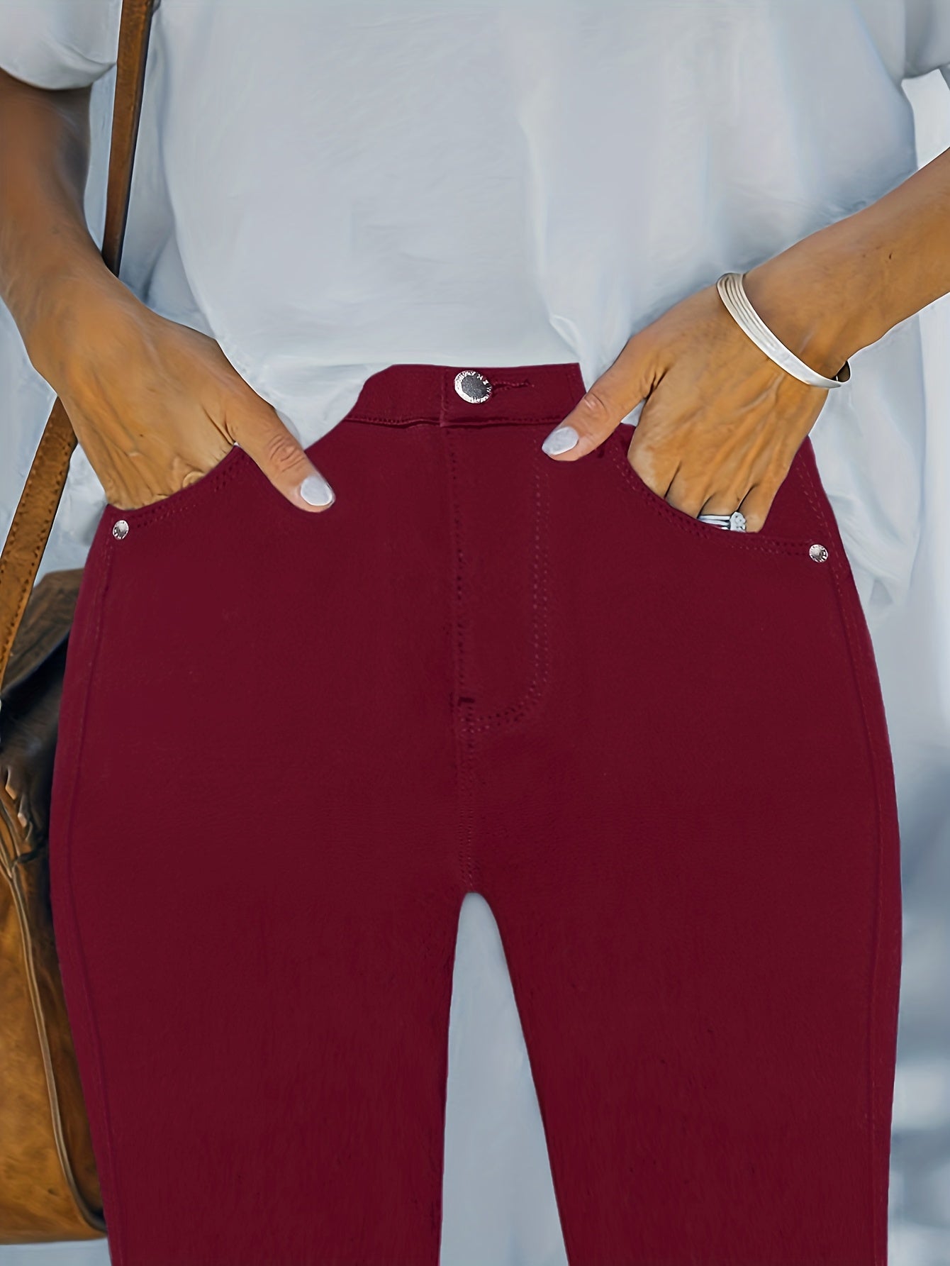 Women's High-Waist Skinny Jeans Maroon Slim Fit Casual Denim