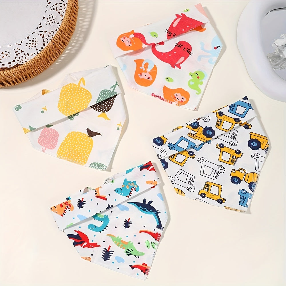 Set of 5 Cotton Baby Bibs with Cartoon Patterns Double-Layered Soft and Gentle for Feeding