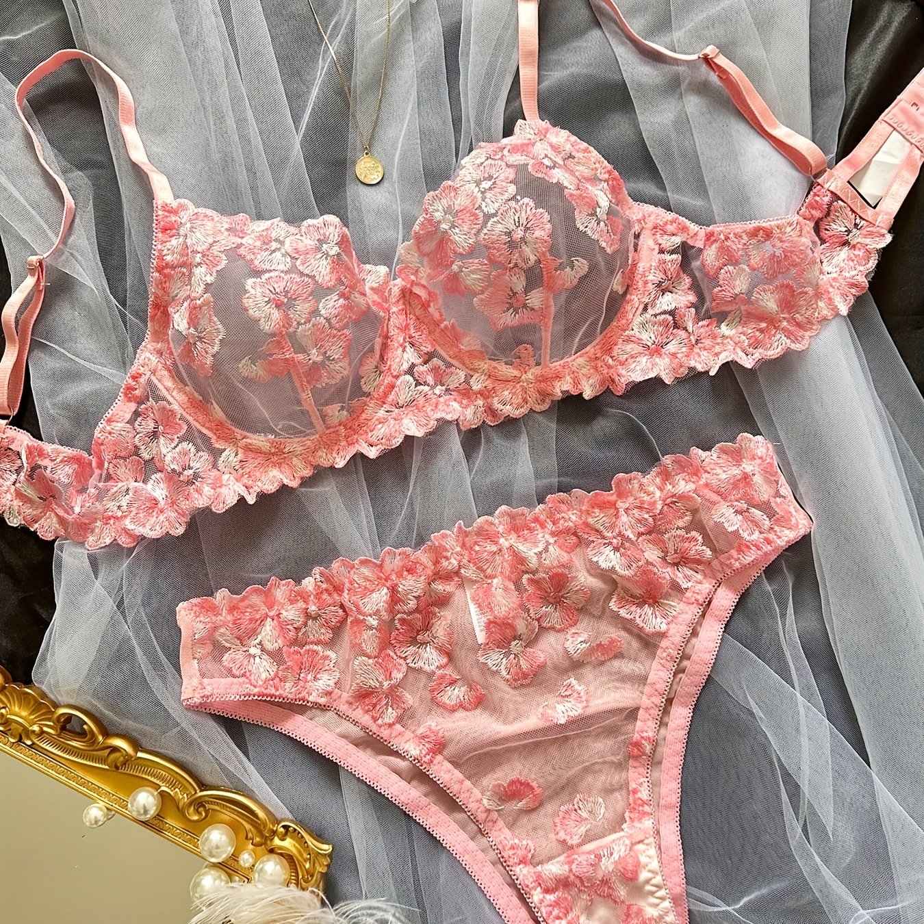 Women's Floral Embroidered Mesh Lingerie Set with Unlined Bra and Panties