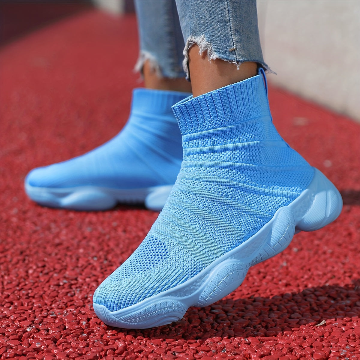 Women's Slip-On Platform Mid-Calf Boots Breathable Fabric All-Season Light Blue