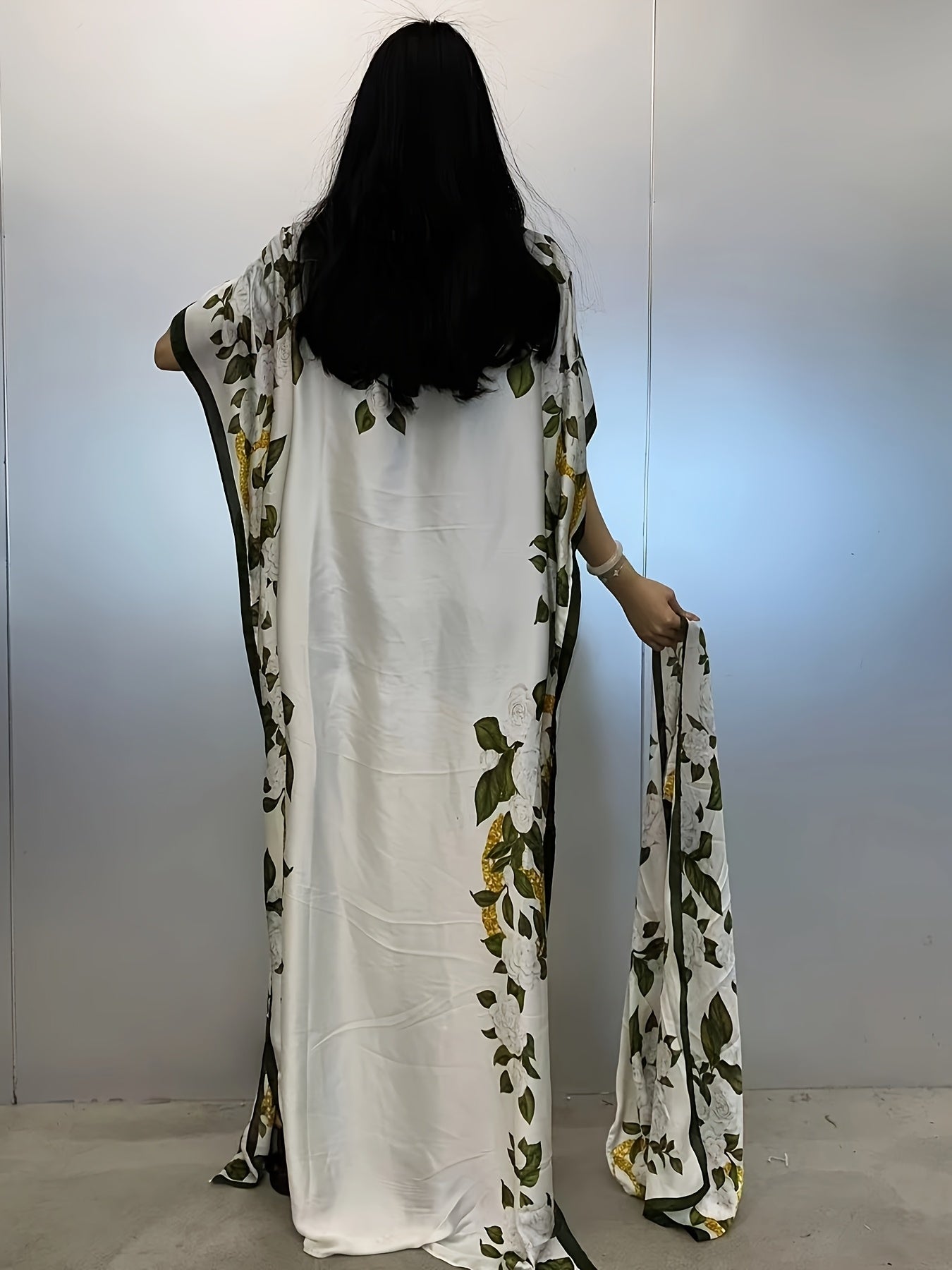 Women's Abaya Maxi Dress Floral Green White Black Modest Muslim Formal Wear