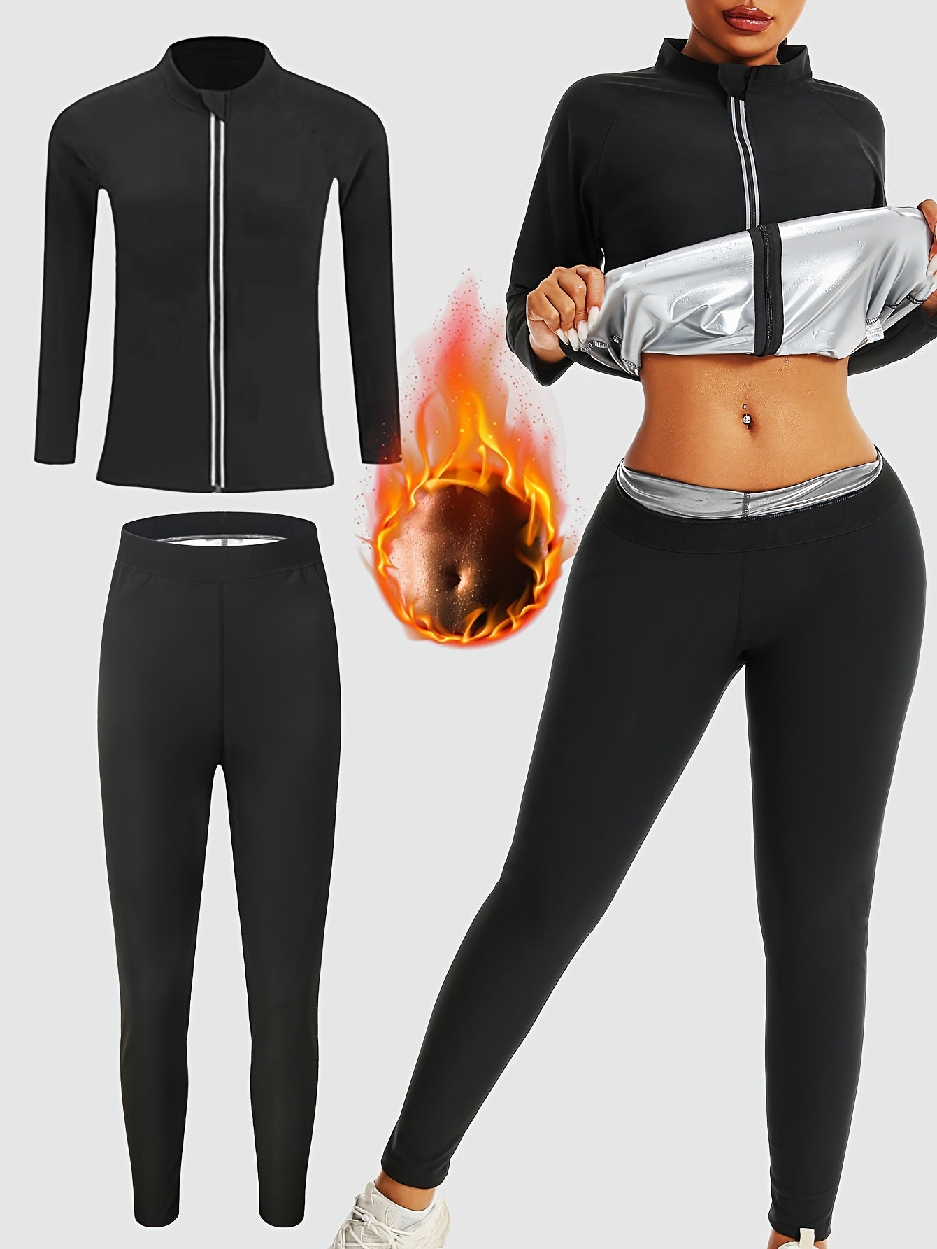 Women's Sauna Sweat Suit Set with Long Sleeve Zip-Up Jacket and Pants for Yoga and Fitness