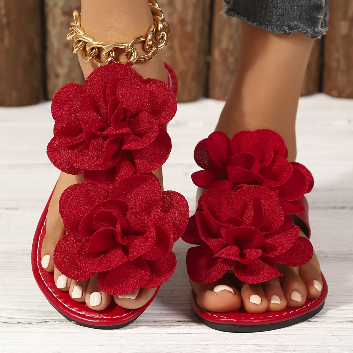 Women's Floral Flat Sandals Open Toe Slip-On with Ankle Strap