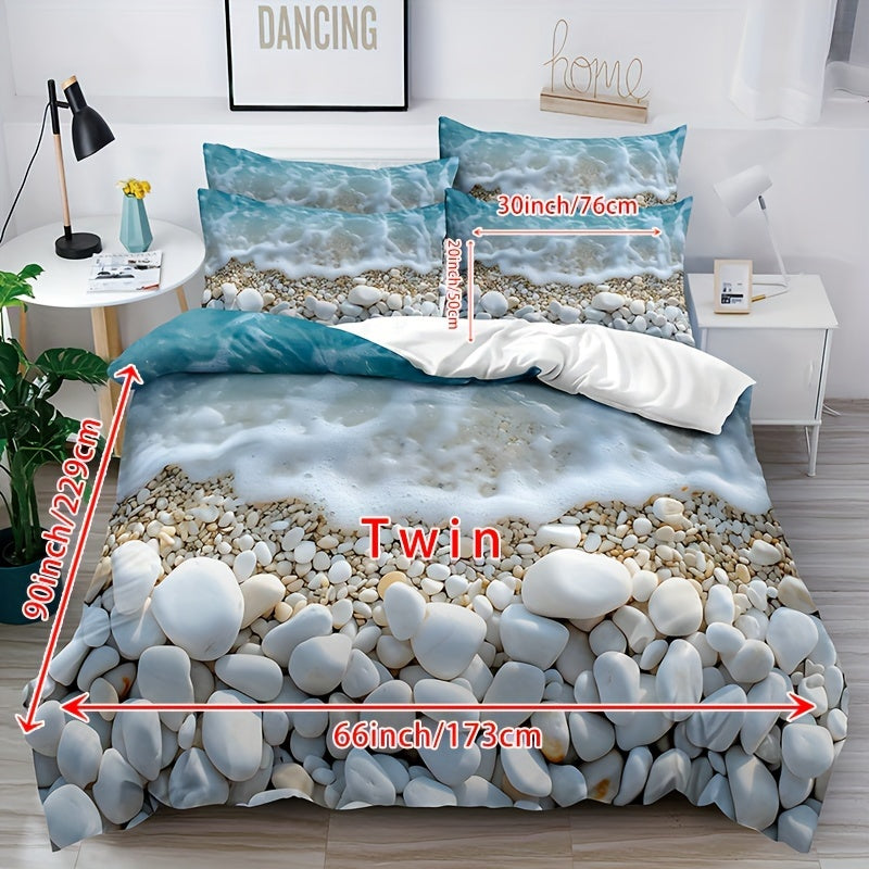 Conjunto de ropa de cama de 3 piezas con patrón de mármol azul y blanco, funda de edredón de poliéster y fundas de almohada