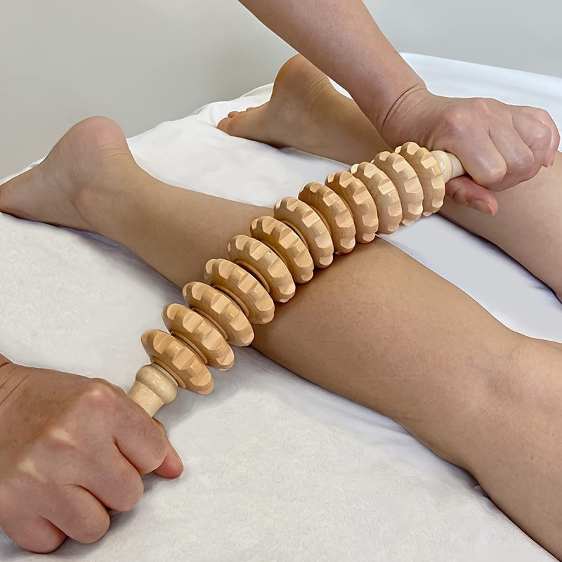 Wooden Handheld Massage Roller with 12 Curved Rollers for Muscle Tension Relief