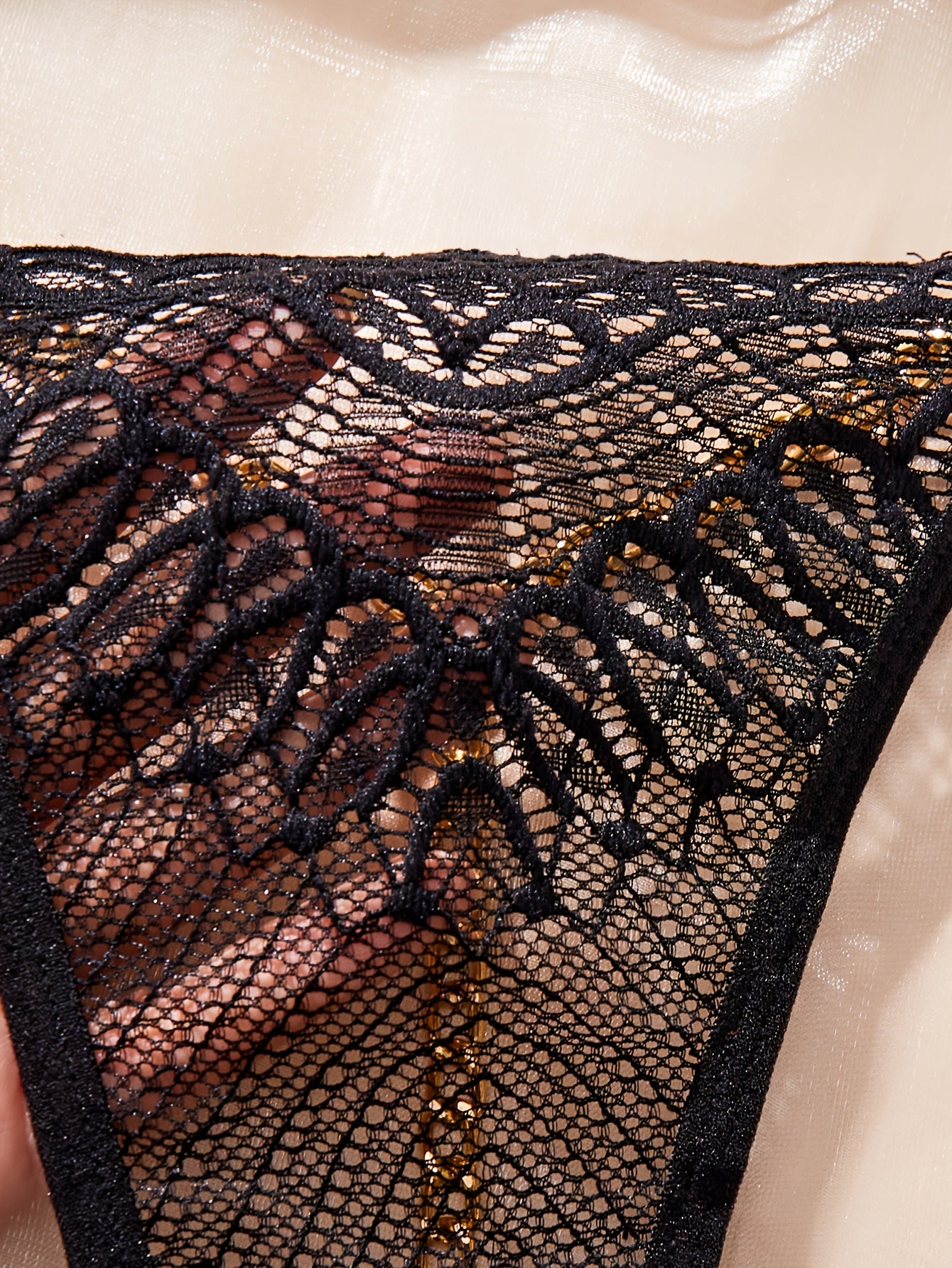 Women's Gold Chain Thong Lingerie with Lace Detail and Low Waist