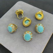 Qo'l mehnati bilan tayyorlangan Etnik Retro Zargarlik - Bohemya Vintage uslubida Turkuaz tosh va Chexiya sun'iy olmos inlay bilan sozlanadigan ochiq kokteyl uzuk