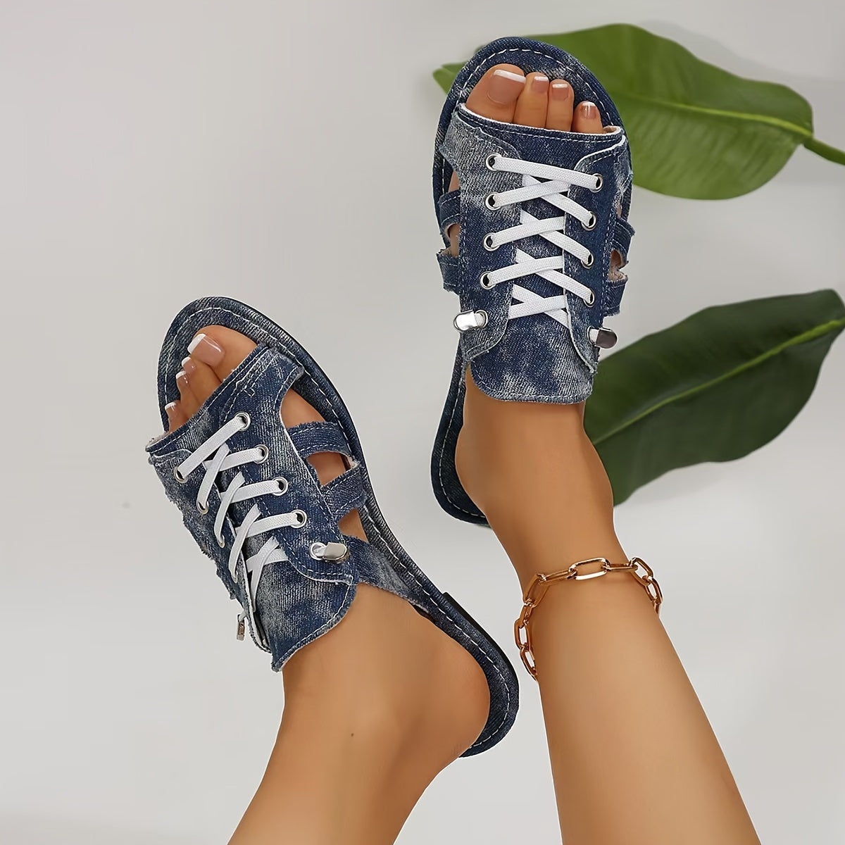 Women Denim Flat Sandals Open Toe Slip-On Casual Shoes for Summer Outdoor