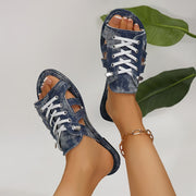 Women Denim Flat Sandals Open Toe Slip-On Casual Shoes for Summer Outdoor