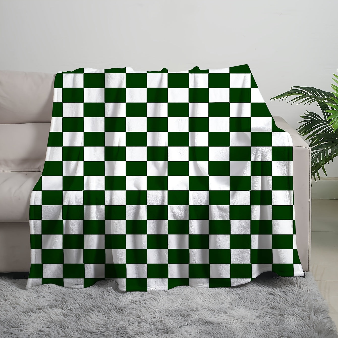 Green and White Buffalo Check Fleece Throw Blanket Reversible Cozy Warm for Sofa Bed Camping