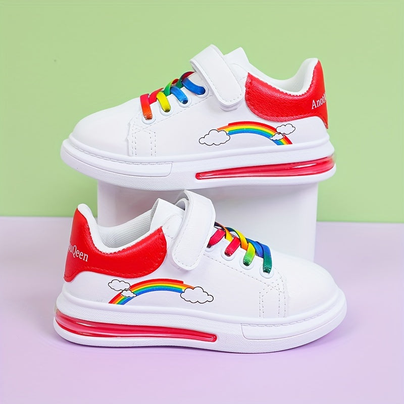 Girls Rainbow Sneakers White Low-Top Shoes with Cloud Pattern Breathable Comfortable Casual