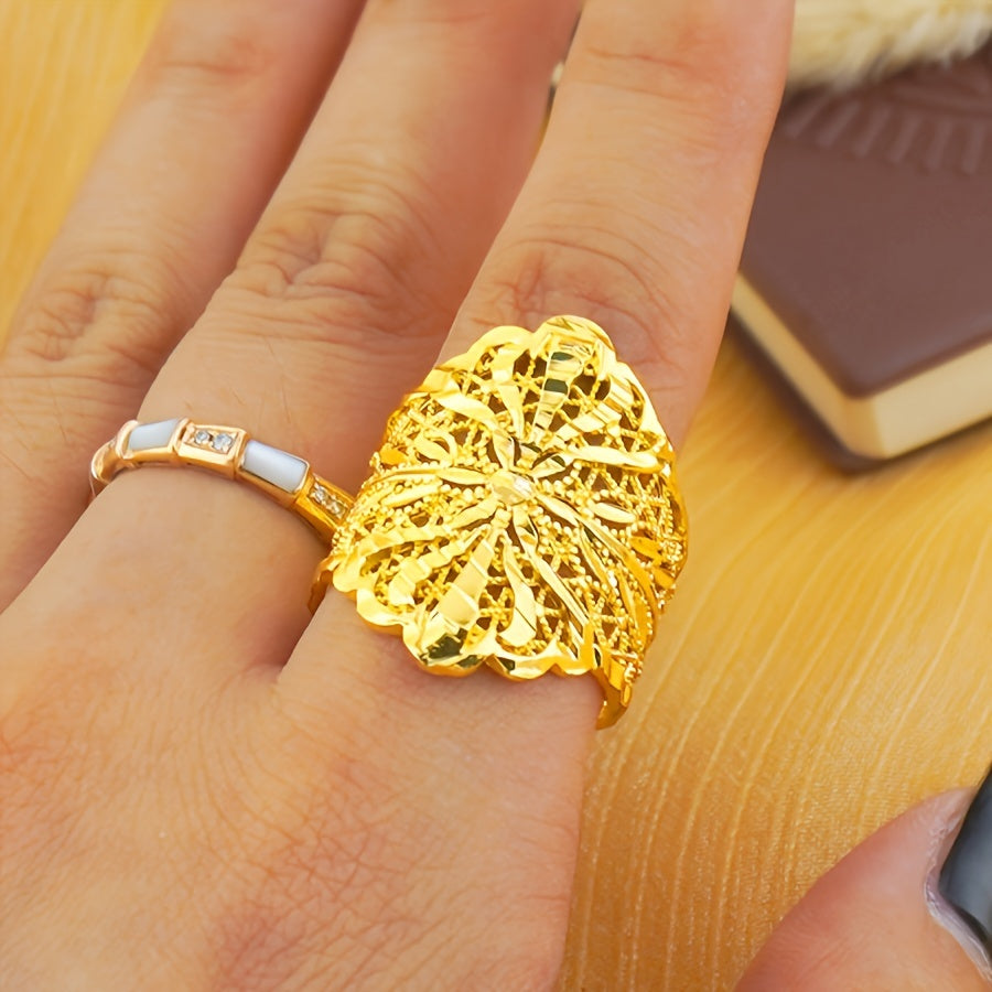 Gold Plated Copper Cuff Bracelet and Ring Set for Women Bohemian Style Jewelry