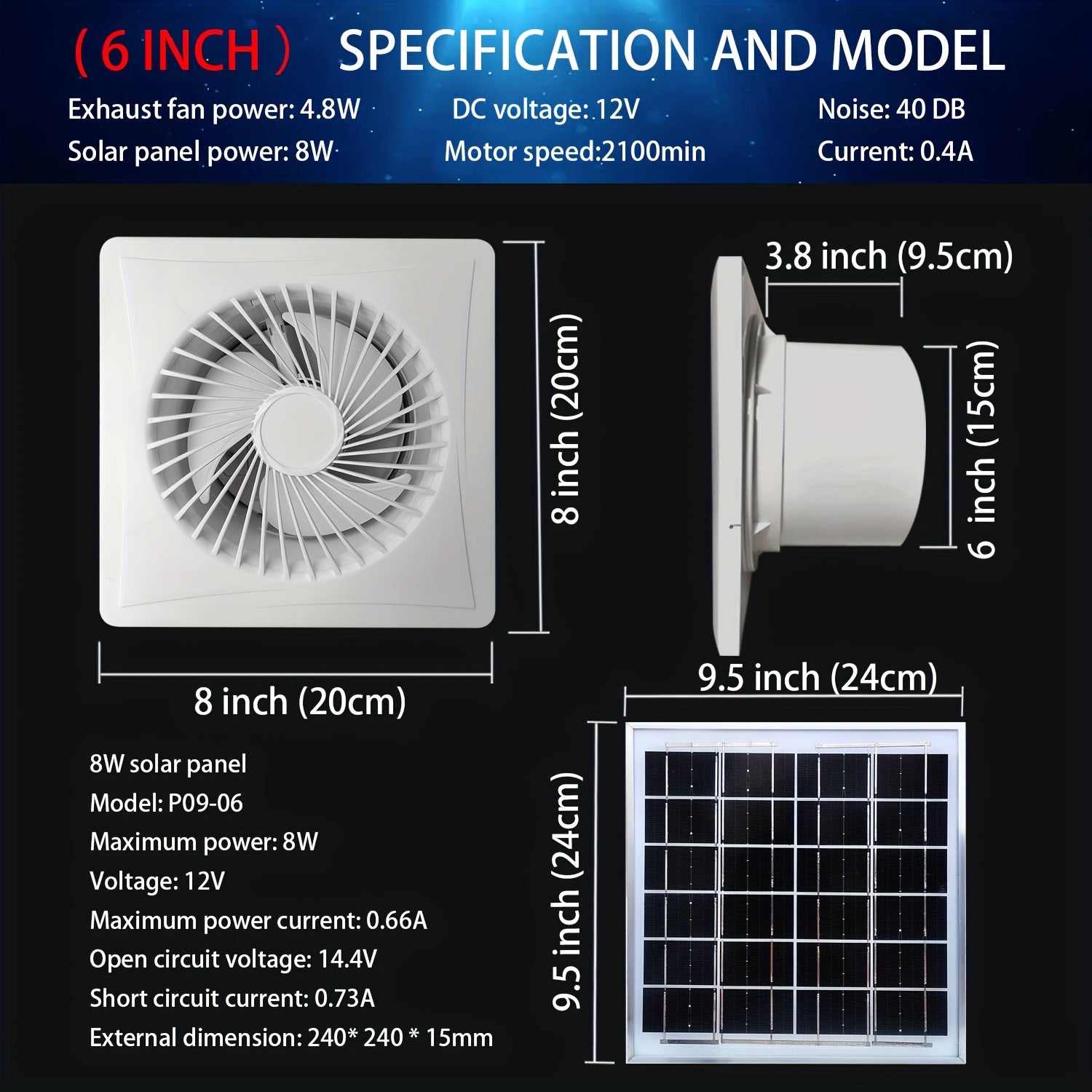 4-Inch Solar Exhaust Fan with 6W Solar Panel and Mounting Bracket