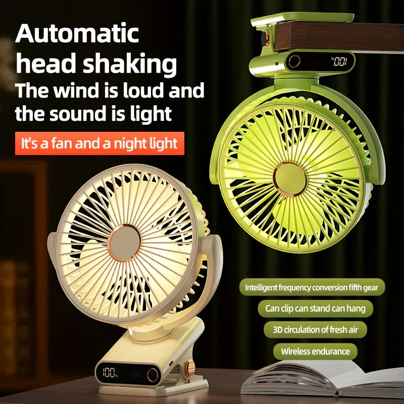 Portable Clip-On Desk Fan with 360° Rotation USB Rechargeable Night Light Oscillating