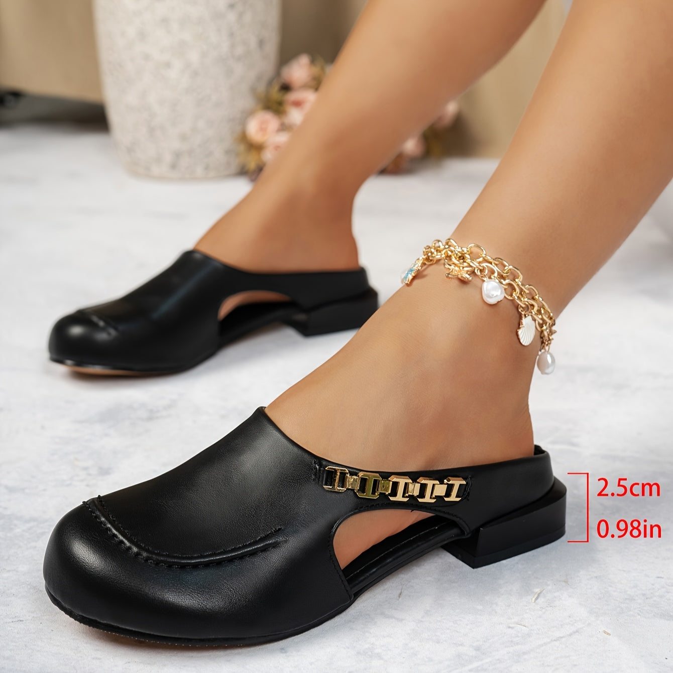 Women's Slip-On Mary Jane Sandals Closed Toe Low Heel Metallic Accents