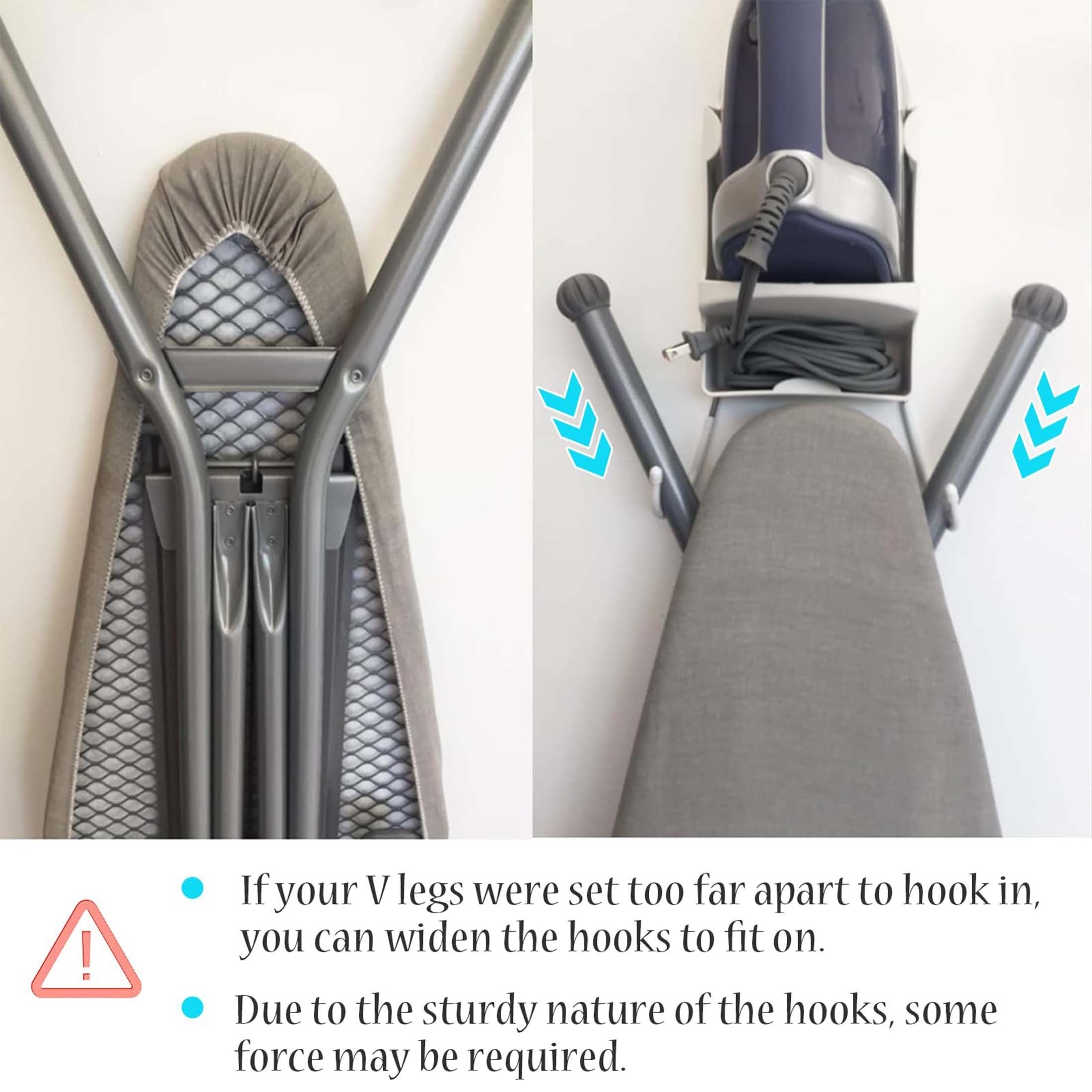 Estación de planchado con montaje en pared con 2 ganchos, metal y plástico resistentes al calor para lavandería, dormitorio y baño