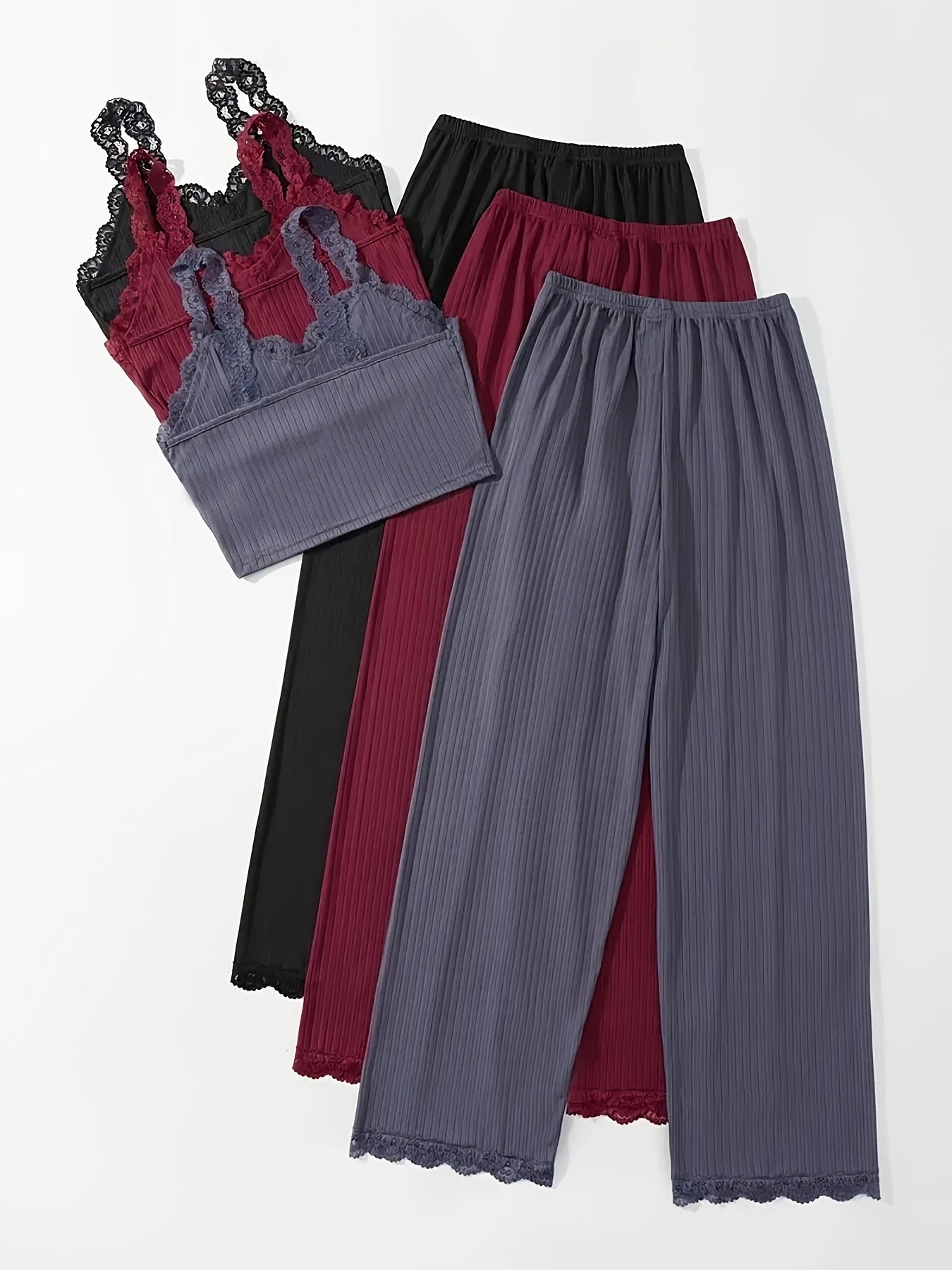 Women's Plus Size Lounge Set 3 Pieces Lace Ribbed Cami Top and Pants