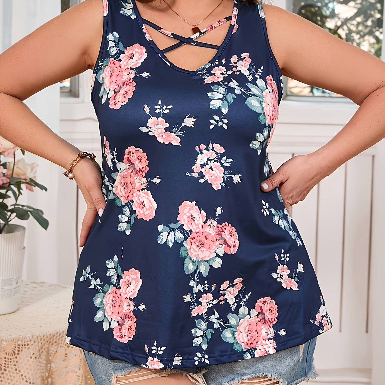 Plus Size Cross-Neck Floral Print Vest for Women in 2025