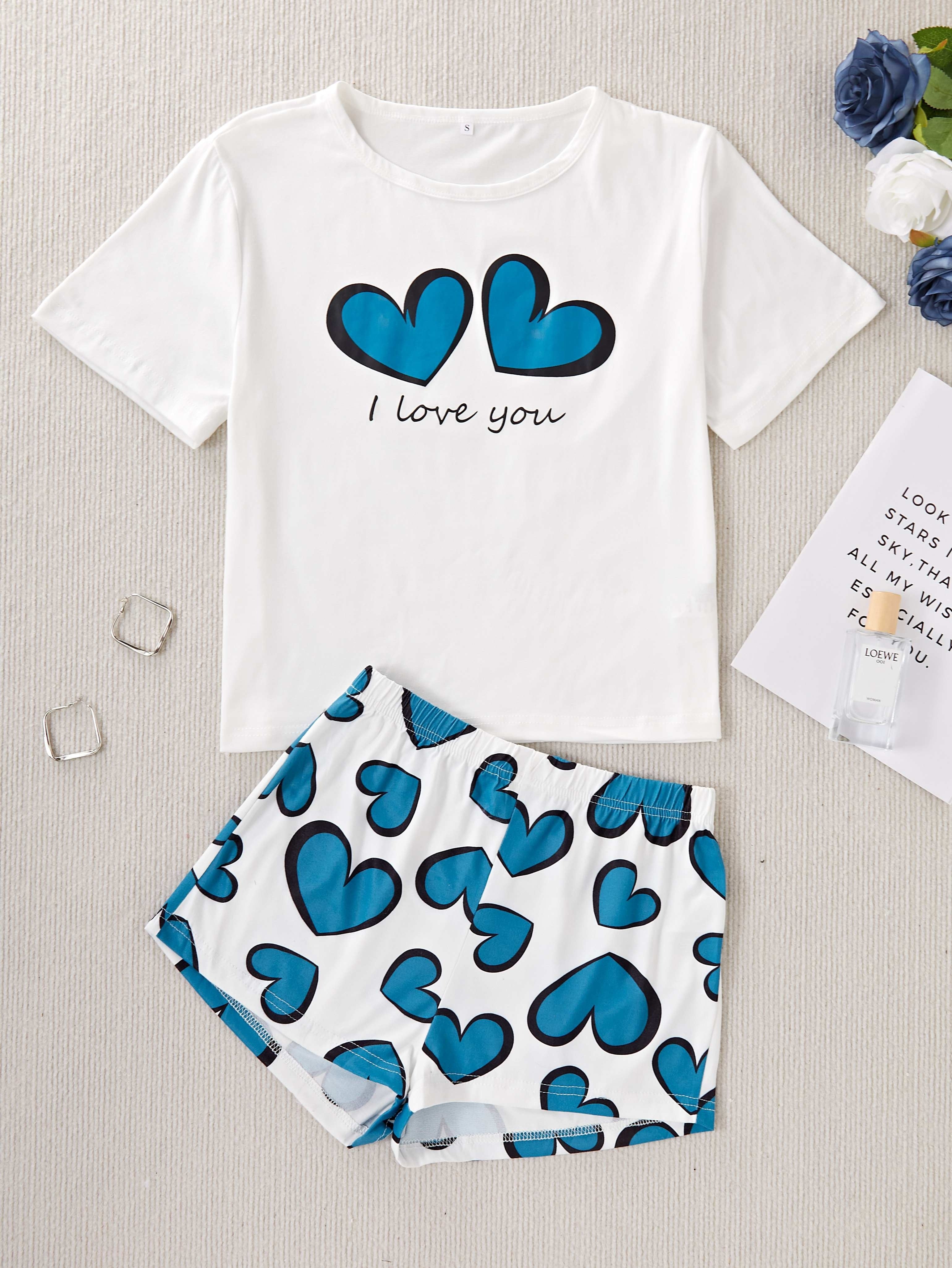 Conjunto de pijama con estampado de corazones para mujer con camiseta de cuello redondo y pantalones cortos con cintura elástica