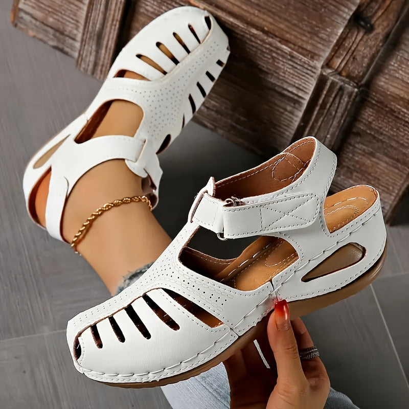 Women's Solid Color Faux Leather Sandals with Cut-Out Design and Cushioned Sole