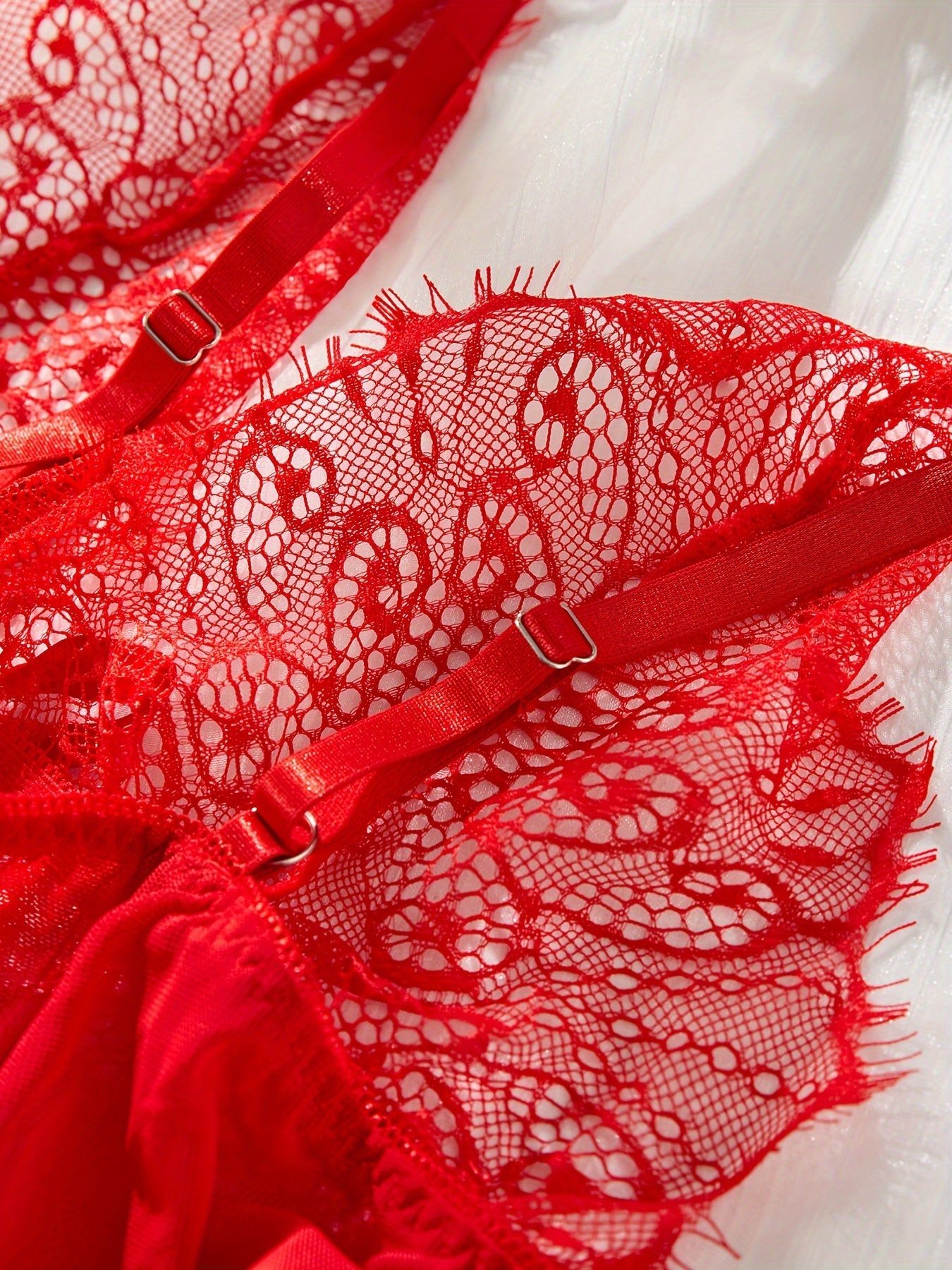 Red Lace Lingerie Set with Bow Details, Includes Dress and Thong for Women