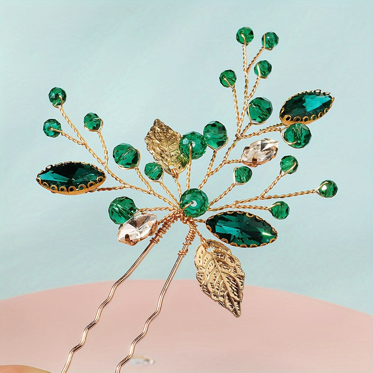 Set of 3 Green Leaf Rhinestone Hairpins for Bridal Hair Accessories Hanfu Style