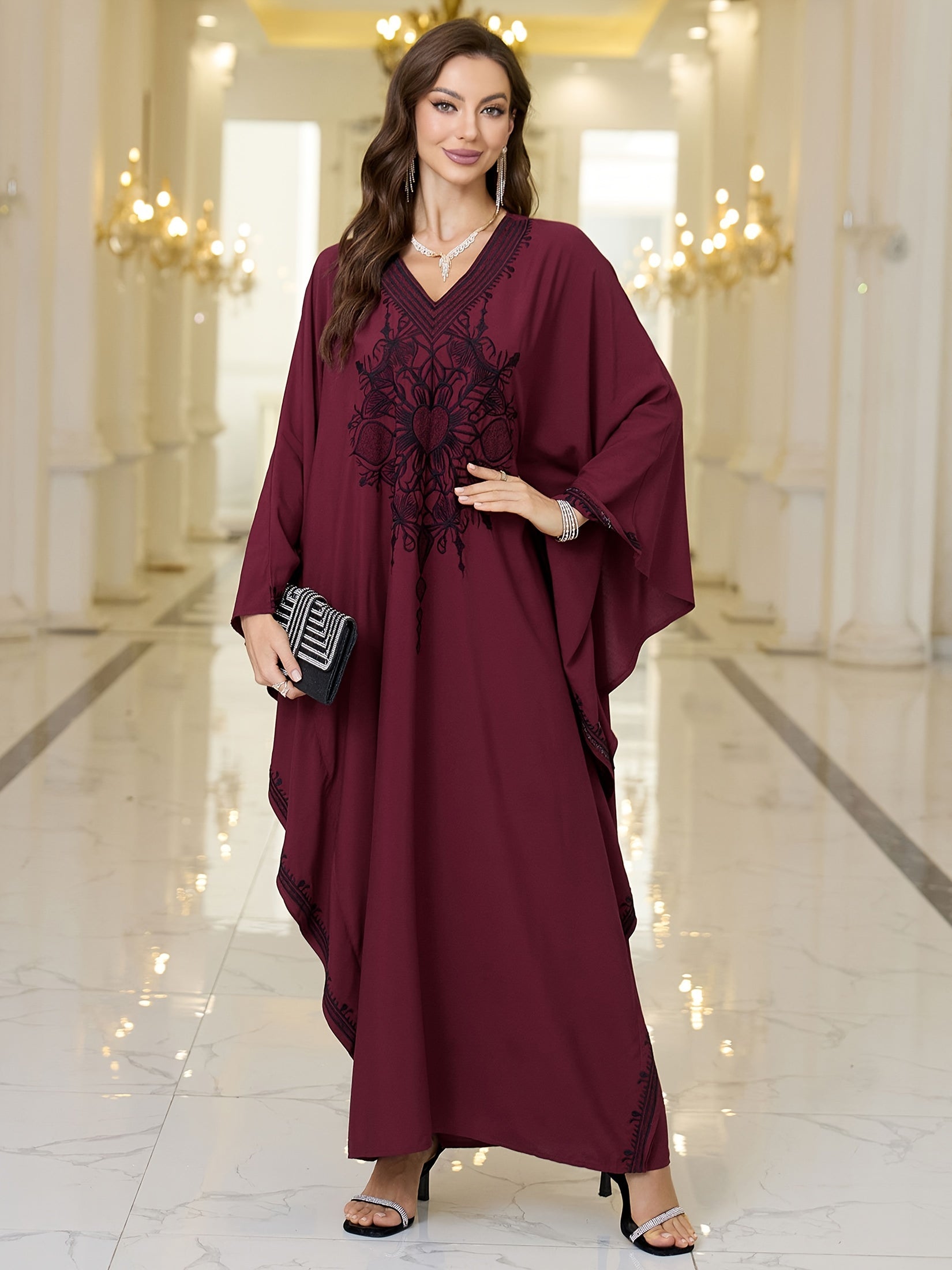 Plus Size Viscose Kaftan Dress V-Neck Embroidered Long Sleeve Beachwear