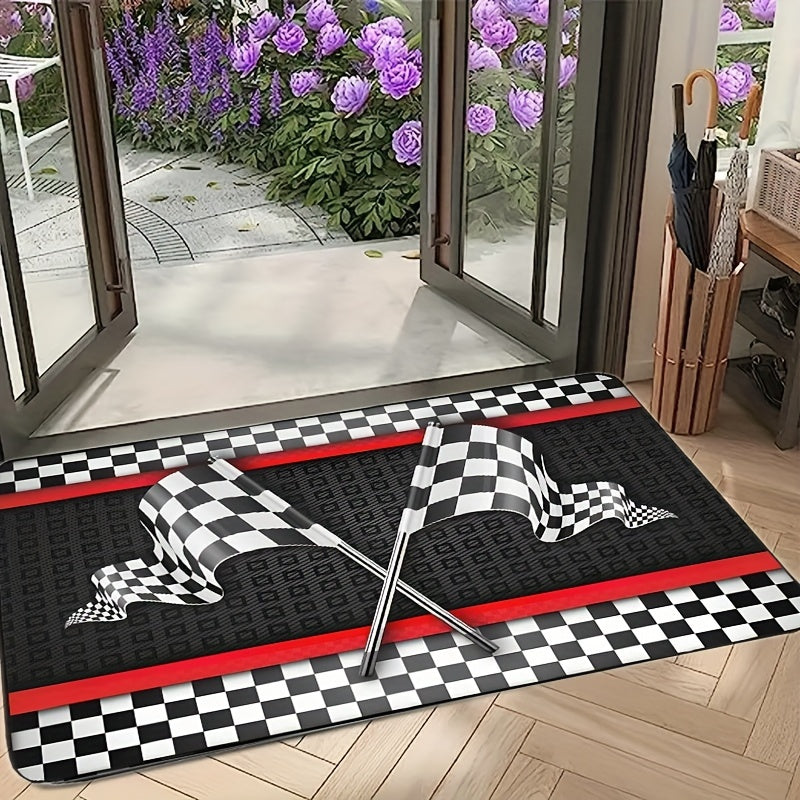 Flannel Racing Flag Mat Non-Slip Checkered Design 1.1cm Thick for Living Room Bedroom