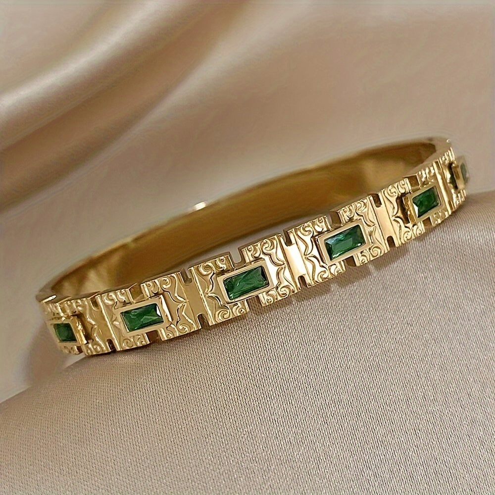 Women’s Gold Plated Titanium Bracelet with Synthetic Emerald Zirconia Elegant Vintage Bangle