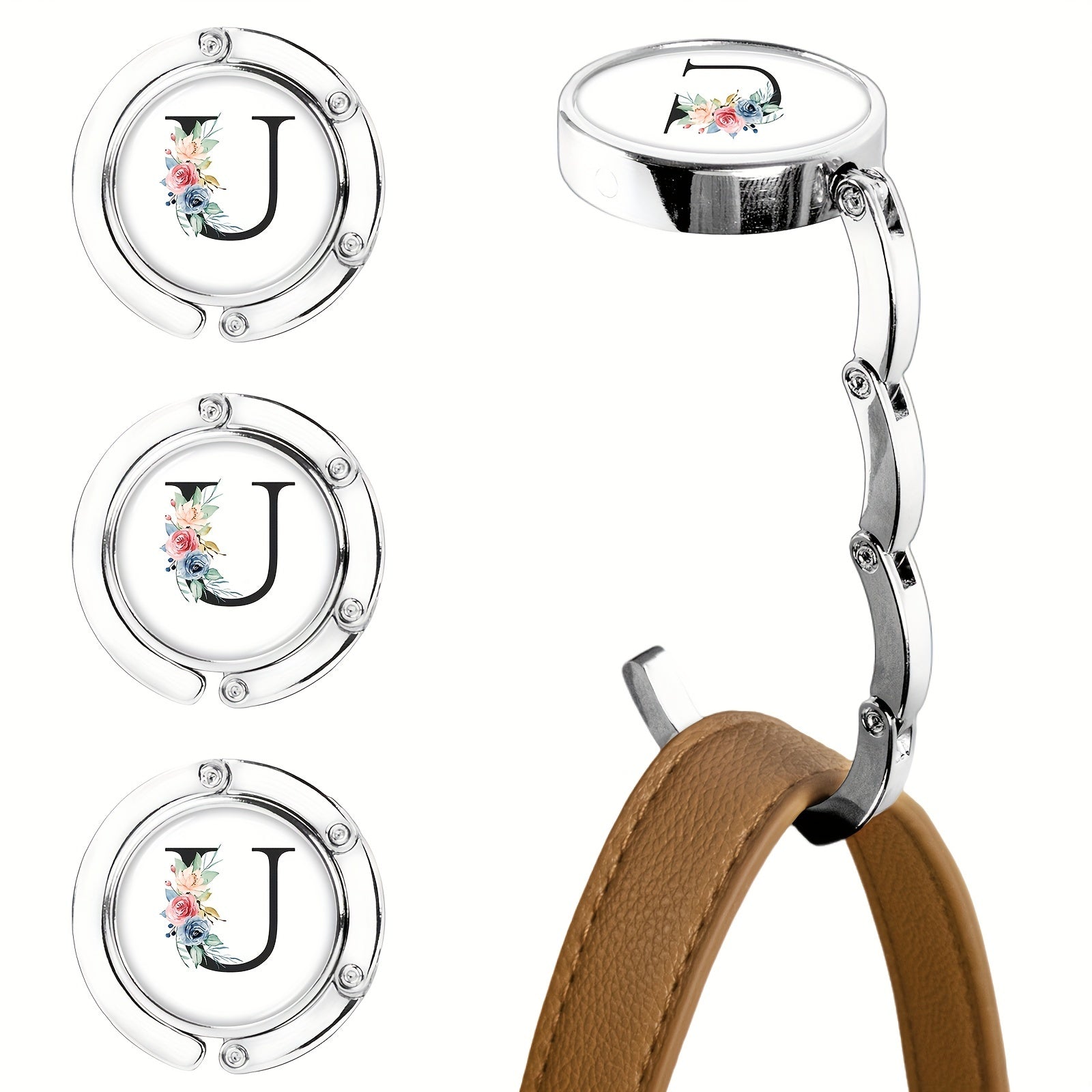Набор из 3-х складных крючков для кошельков с цветочным дизайном букв, изготовленных из металла для подвешивания сумок на столах. Стильная подставка для сумок и органайзер для стола для женщин.