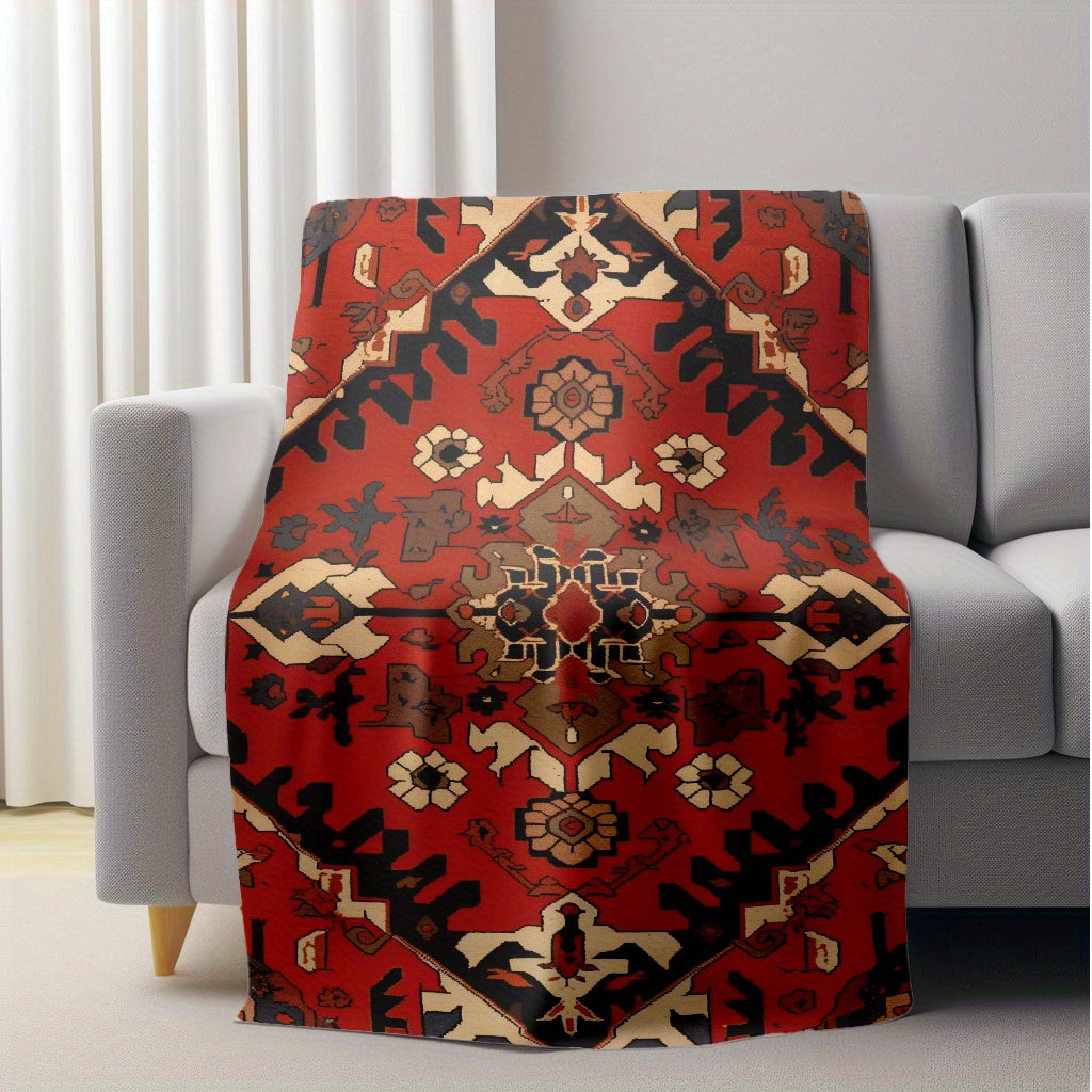 Red Ethnic Patterned Throw Blanket Soft Flannel Fleece for Home Office Travel
