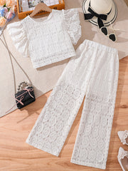 Girls Lace Set with Flounce Sleeve Top and Hollow-Out Pants for Summer