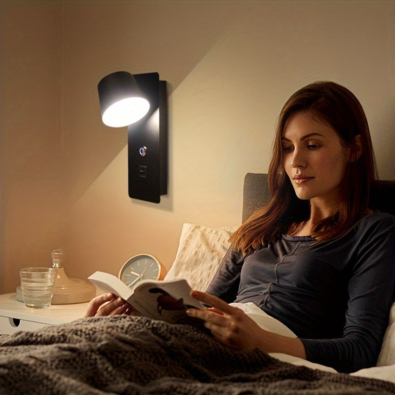 Регулируемая светодиодная настенная лампа с поворотным рычагом, регулируемой цветовой температурой, сенсорным управлением, USB-портом, для помещений, черная, белая