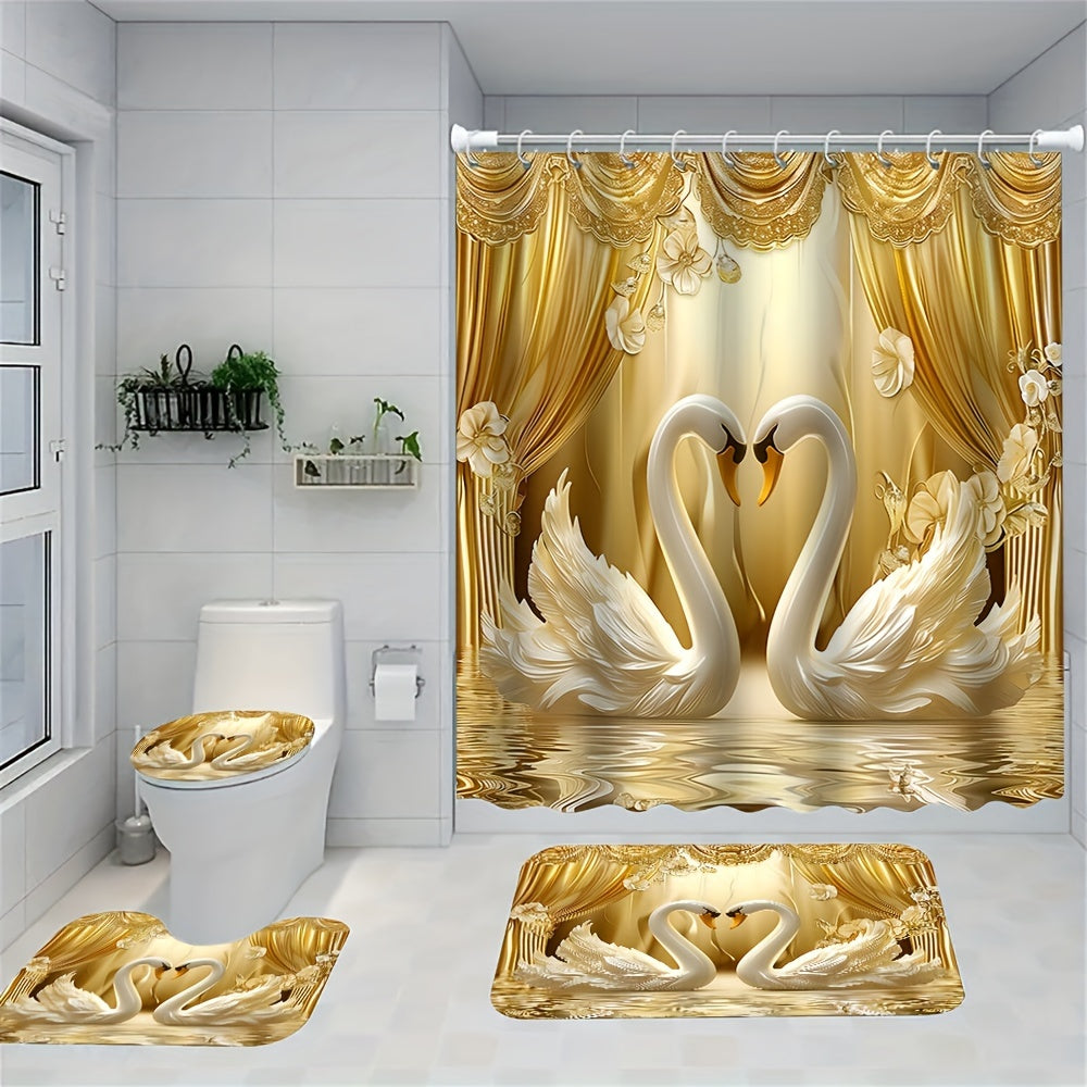 Golden 3D Swans Bathroom Set with Hooks Curtain Mat Seat Cover Rug for Valentine's Day