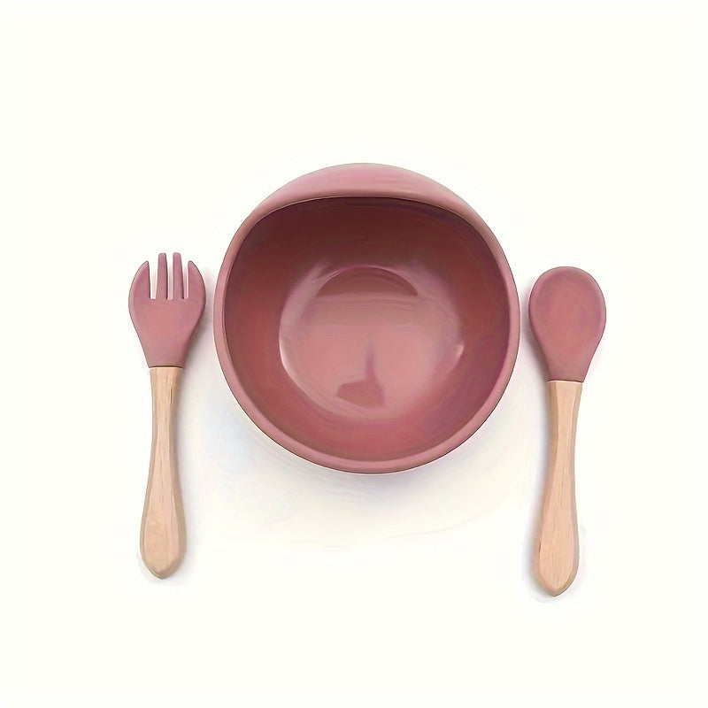Baby Feeding Set Silicone Bowl Fork Spoon Non-Slip Microwave Safe Wooden Handle 3 Pieces