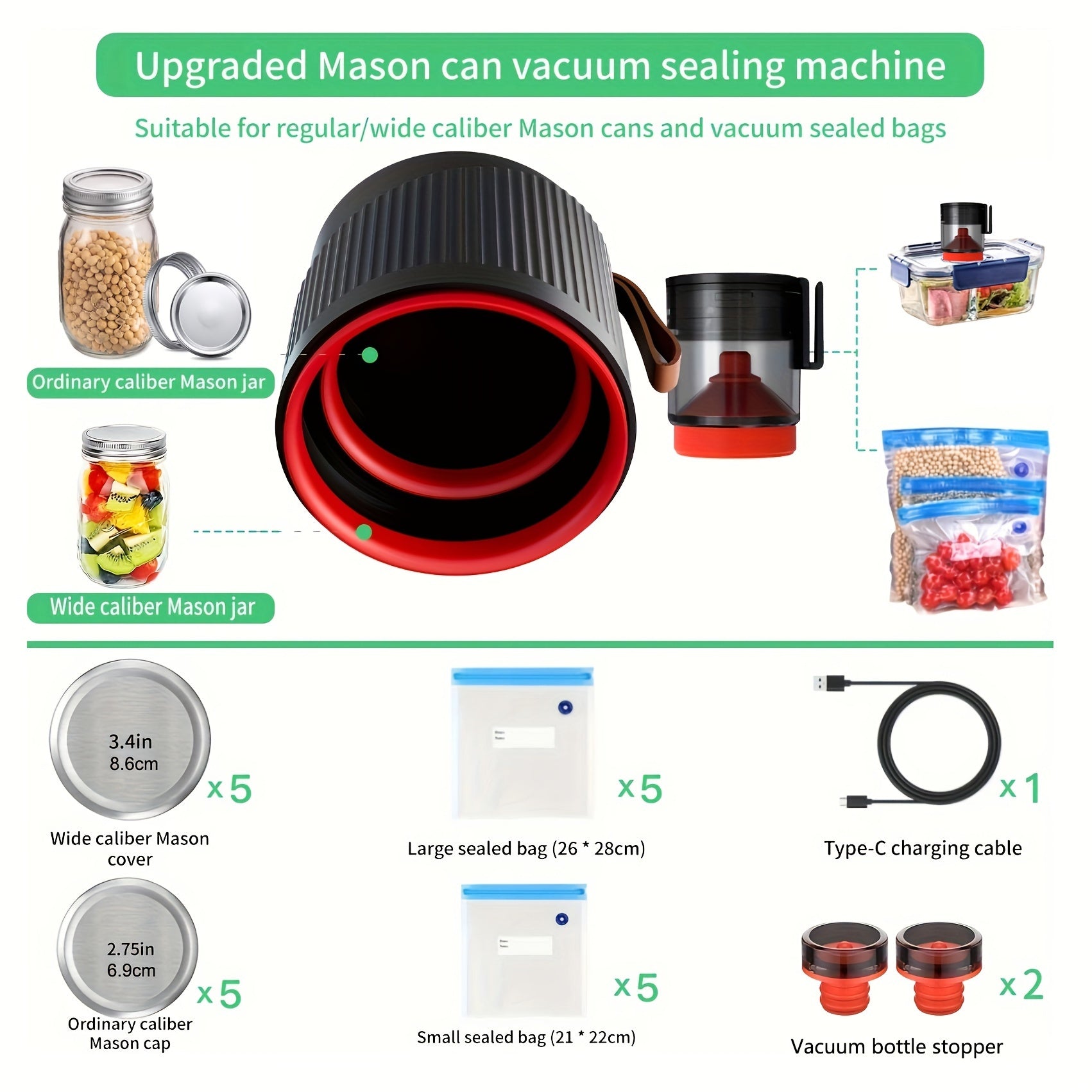Elektrik Mason Jar Vacuum Sealer Kit vino va oziq-ovqat saqlash uchun ideal.