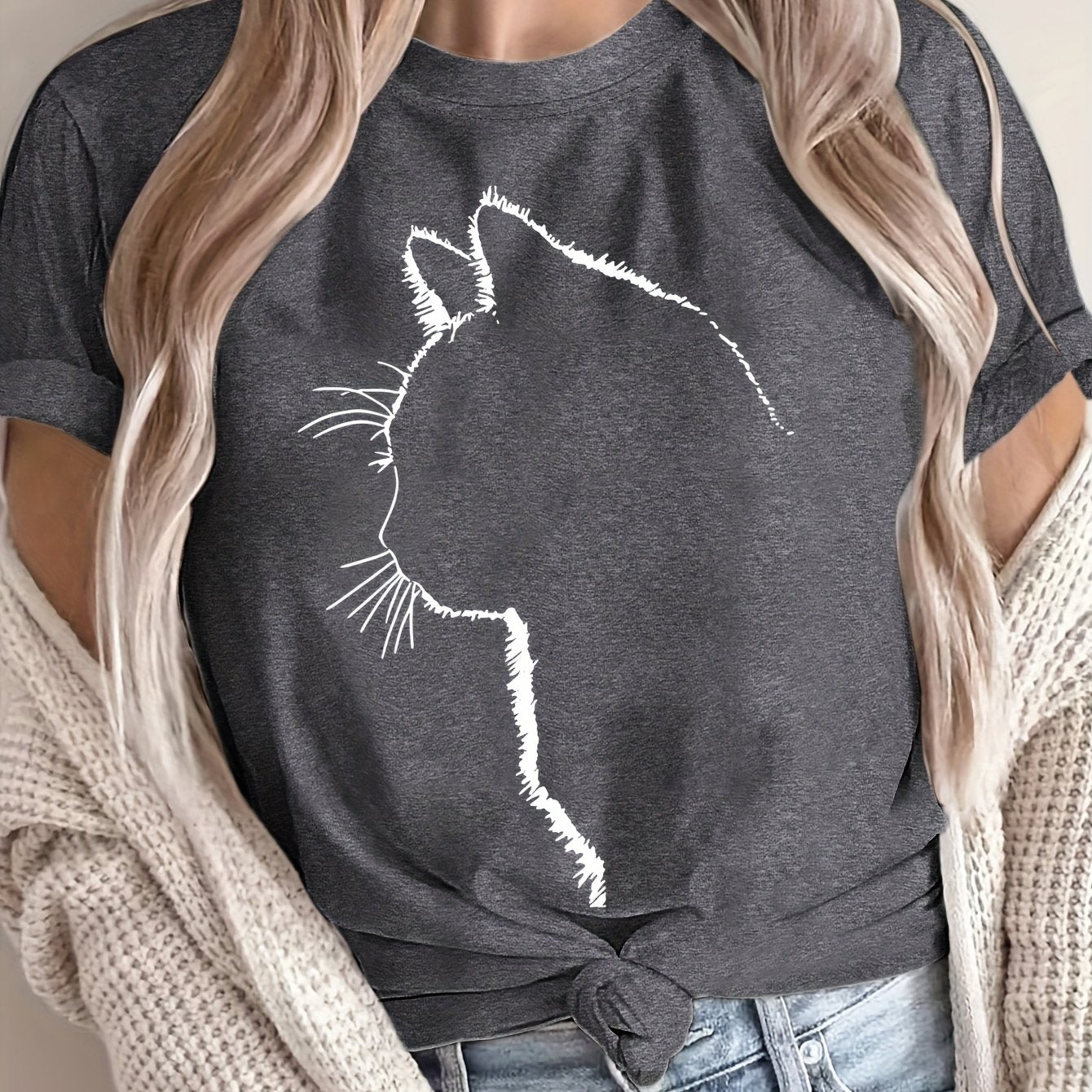 Women's Oversized Cotton Cat Graphic T-Shirt Casual Short Sleeve All-Season