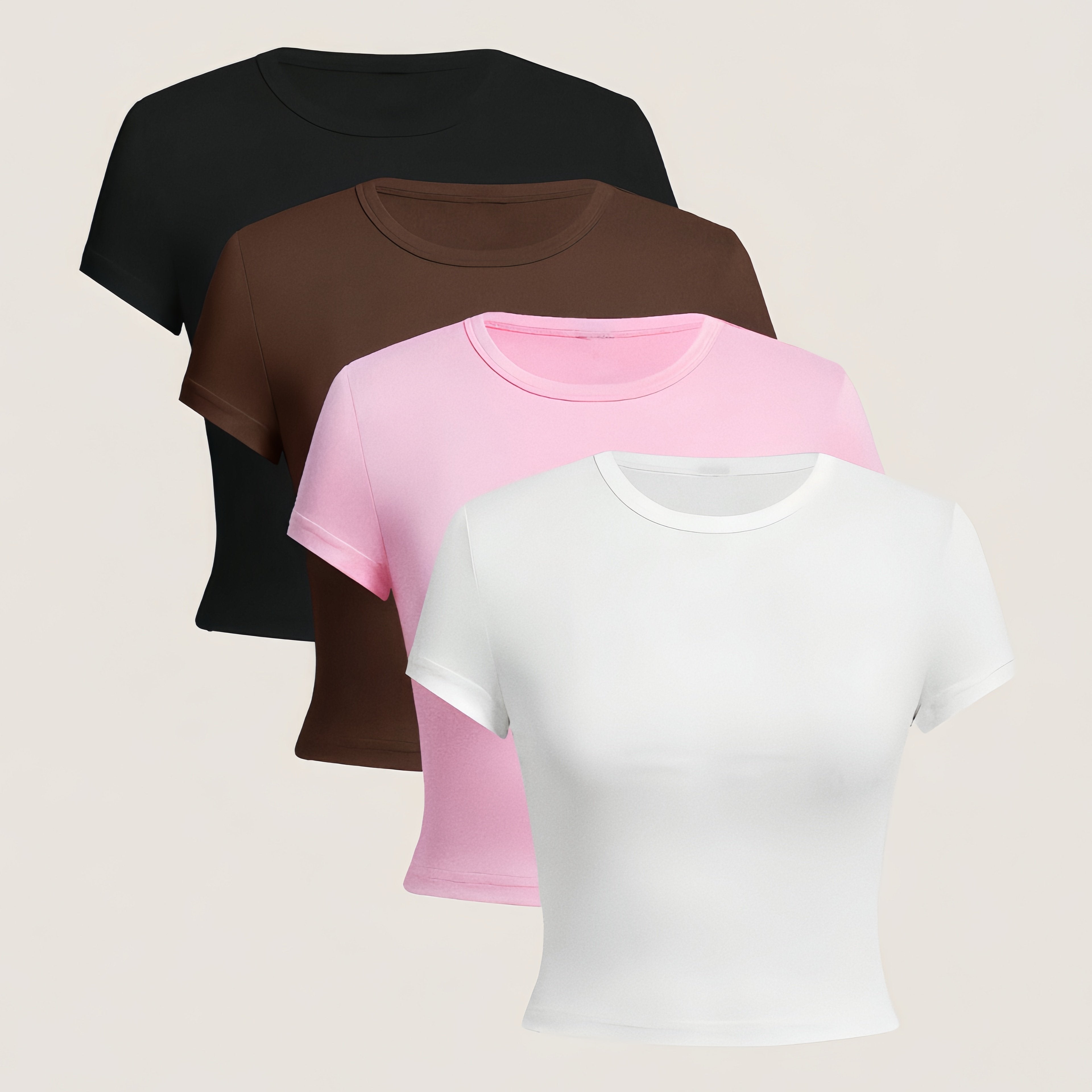 Women's Slim Fit Short Sleeve T-Shirts Pack of 4 Breathable Cotton-Polyester Summer Casual Tops Black Brown Pink White